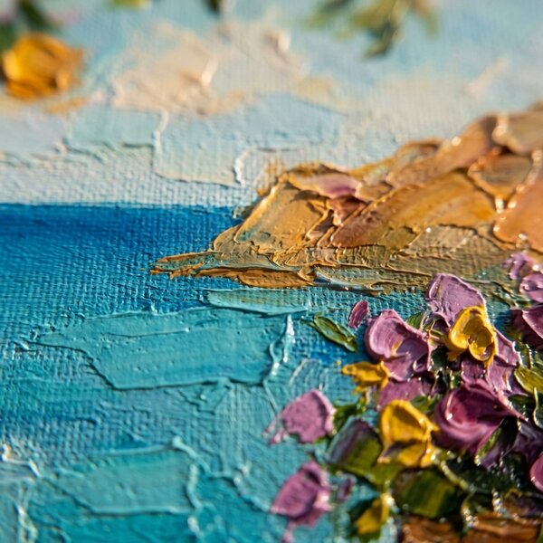 Tablou cu vedere la coasta mediteraneană cu lămâi pe pânză – cu detalii pictate manual - 40x60 cm
