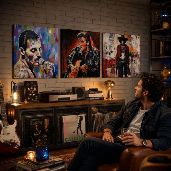 Set de 3 tablouri Rock Legends — Freddie, Elvis, Hendrix - 3× 60×60 cm