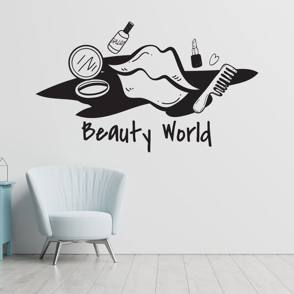 Sticker Decorativ Salon Frumusete "Beauty World", 47x80 cm, Negru, Oracal
