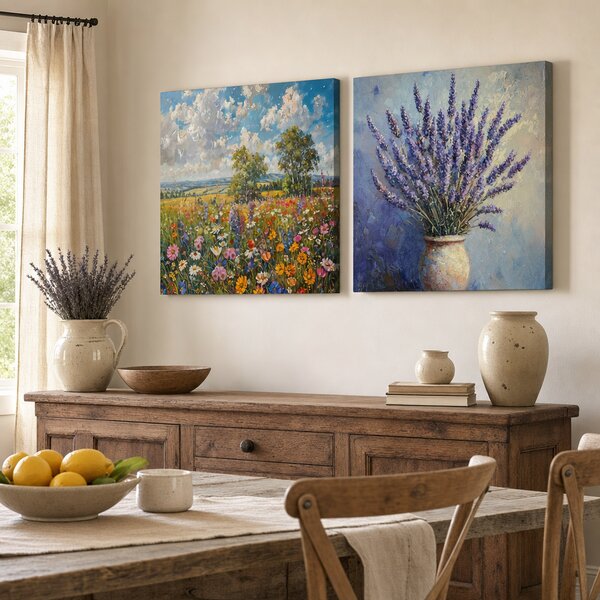 Set de 2 tablouri Armonie Florală — Luncă de vară, Lavandă - 2× 60×60 cm