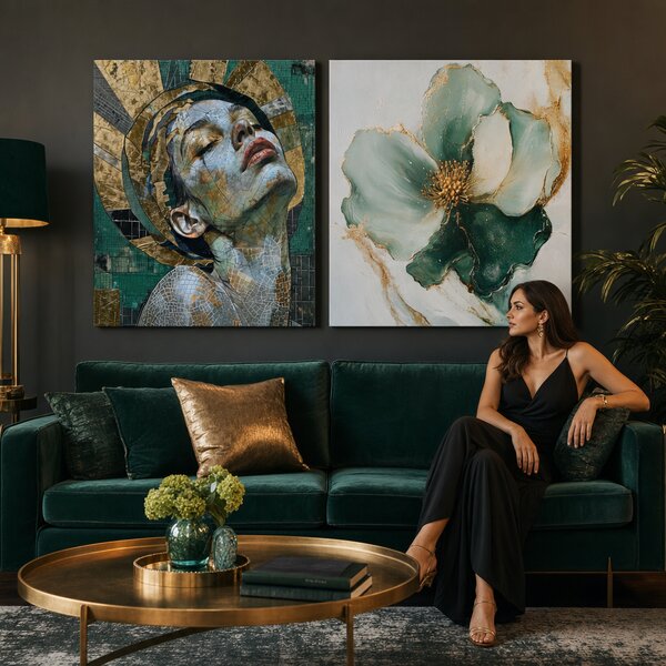 Set de 2 tablouri Eleganță Smarald — Frumusețe Sublimă, Floare de Smarald - 2× 60×60 cm