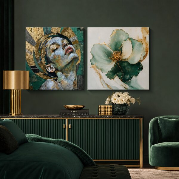 Set de 2 tablouri Eleganță Smarald — Frumusețe Sublimă, Floare de Smarald - 2× 60×60 cm