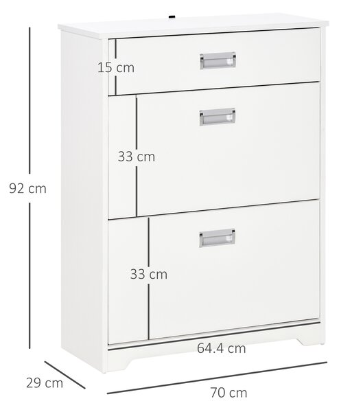 HOMCOM Suport de Pantofi Modern din Lemn cu 2 Sertare, Etajeră Reglabilă și Sertar Mic, 70x29x92 cm, Alb | Aosom Romania