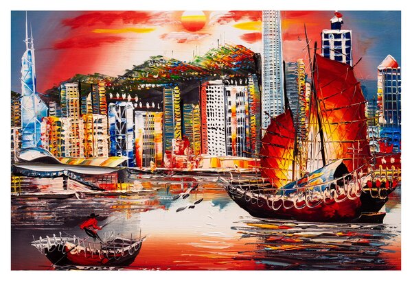Tablou - Victoria Harbour, Hong Kong, pictură în ulei (90x60 cm)