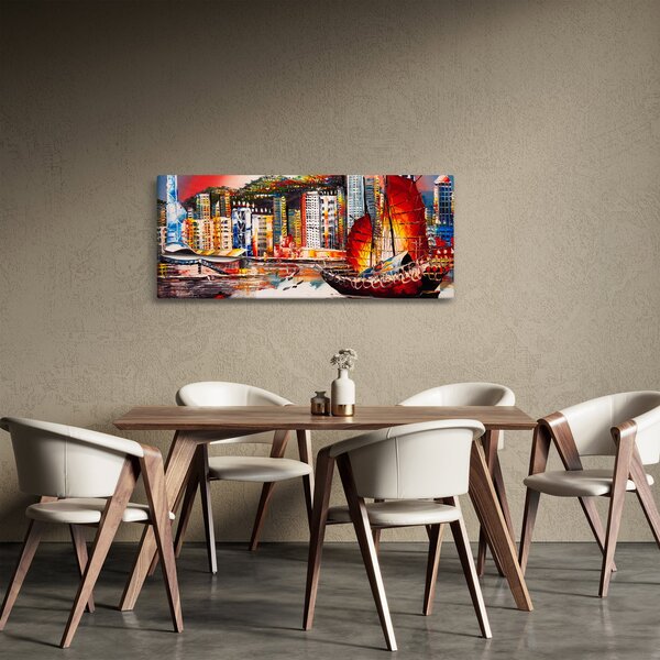 Tablou - Victoria Harbour, Hong Kong, pictură în ulei (120x50 cm)