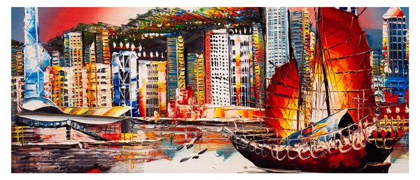 Tablou - Victoria Harbour, Hong Kong, pictură în ulei (120x50 cm)