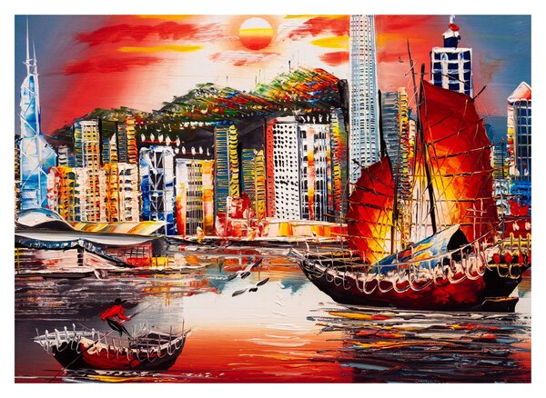 Tablou - Victoria Harbour, Hong Kong, pictură în ulei (70x50 cm)