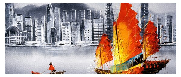 Tablou - Victoria Harbour, Hong Kong, pictură în ulei alb- negru (120x50 cm)