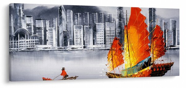 Tablou - Victoria Harbour, Hong Kong, pictură în ulei alb- negru (120x50 cm)
