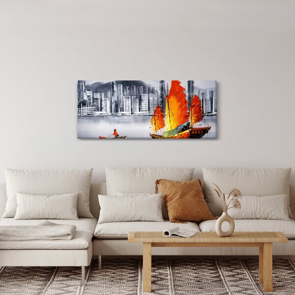 Tablou - Victoria Harbour, Hong Kong, pictură în ulei alb- negru (120x50 cm)