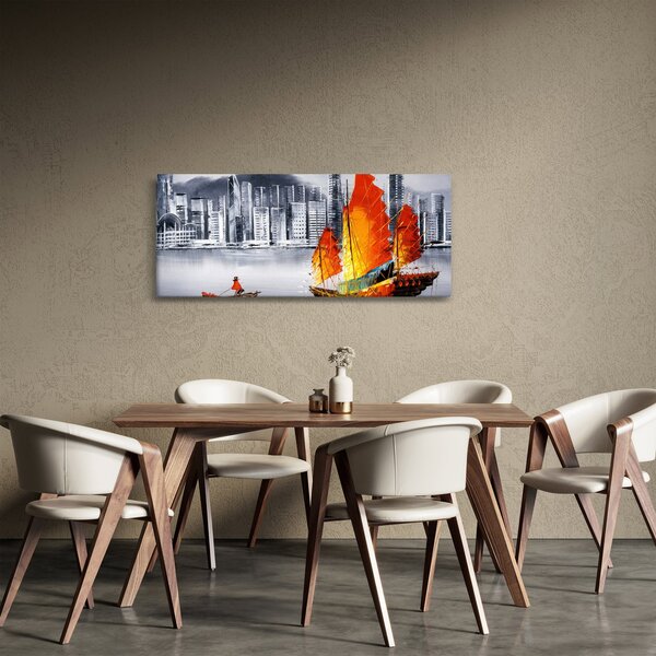 Tablou - Victoria Harbour, Hong Kong, pictură în ulei alb- negru (120x50 cm)