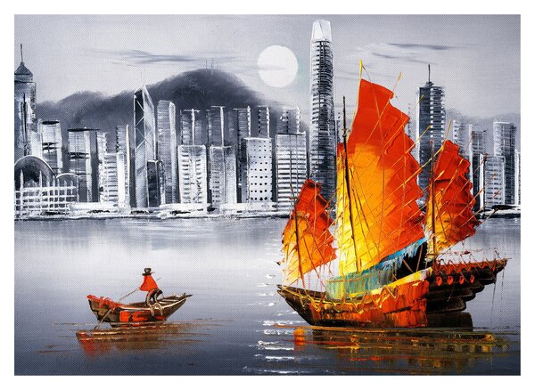 Tablou - Victoria Harbour, Hong Kong, pictură în ulei alb- negru (70x50 cm)