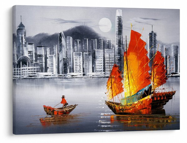 Tablou - Victoria Harbour, Hong Kong, pictură în ulei alb- negru (70x50 cm)