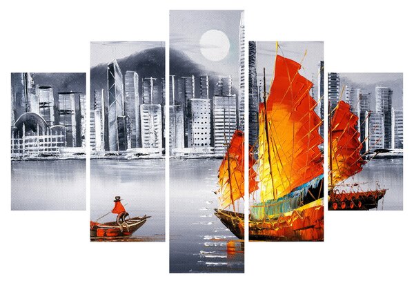 Tablou - Victoria Harbour, Hong Kong, pictură în ulei alb- negru (150x105 cm)