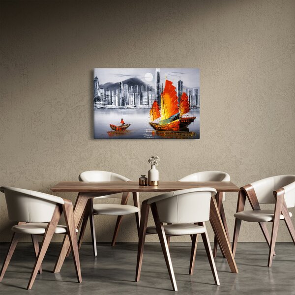 Tablou - Victoria Harbour, Hong Kong, pictură în ulei alb- negru (90x60 cm)