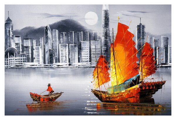 Tablou - Victoria Harbour, Hong Kong, pictură în ulei alb- negru (90x60 cm)