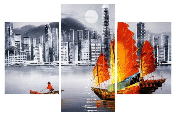Tablou - Victoria Harbour, Hong Kong, pictură în ulei alb- negru (90x60 cm)