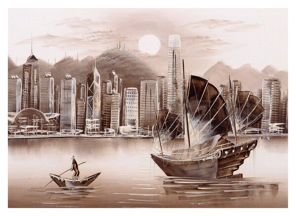 Tablou - Victoria Harbour, Hong Kong, efect sepia (70x50 cm)