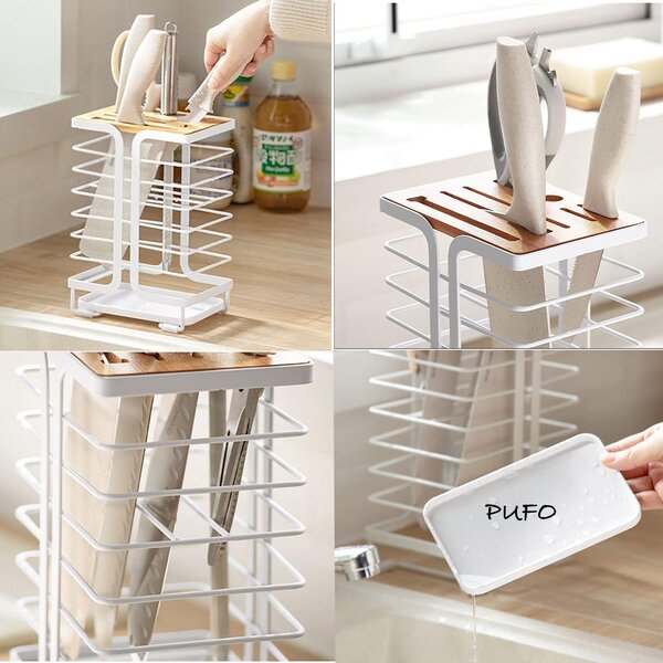 Suport pentru cutite de bucatarie Pufo din metal si bambus, 23 x 15.5 cm, alb