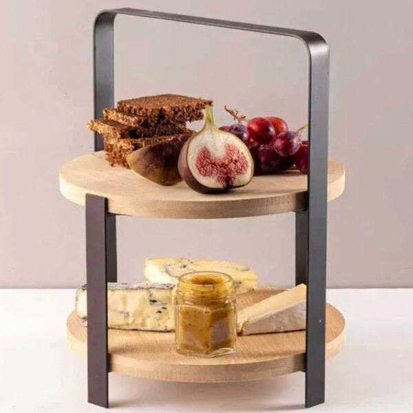 Fructiera etajata cu 2 nivele din bambus si metal, pentru prajituri, torturi, fructe, aperitive, 25 x 21.5 cm