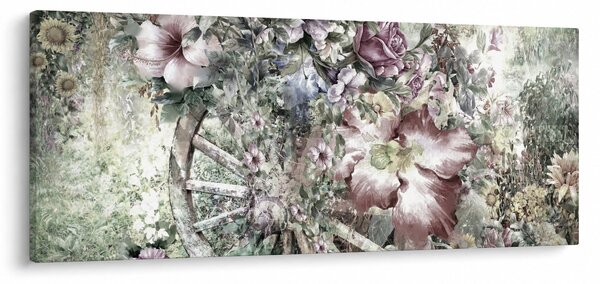 Tablou - Flori pe roata de lemn (120x50 cm)