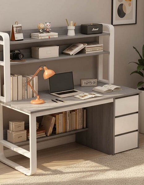 Birou cu Biblioteca Pako World, model Soco, 120x144x50 cm, Gri/Alb