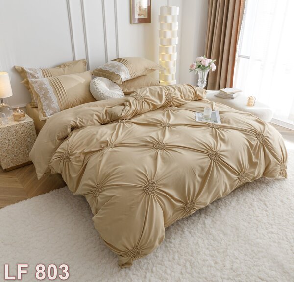 Lenjerie de pat, 2 persoane, finet, 6 piese, Elegant Deluxe Uni, cu broderie pliuri Inima, crem , 230x250cm, LF803