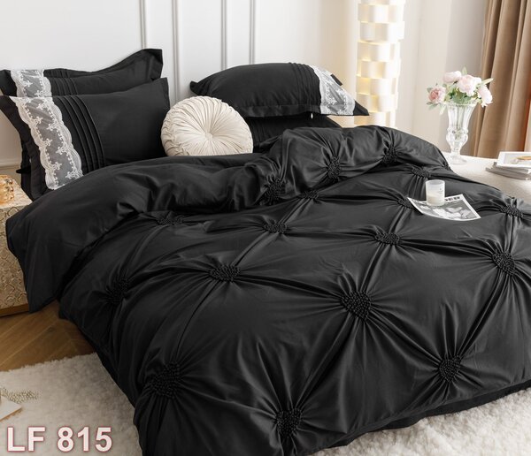 Lenjerie de pat, 2 persoane, finet, 6 piese, Elegant Deluxe Uni, cu broderie pliuri Inima, negru , 230x250cm, LF815