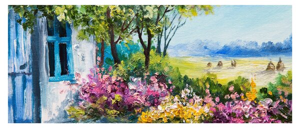 Tablou - Grădina din fața casei, pictură în ulei (120x50 cm)