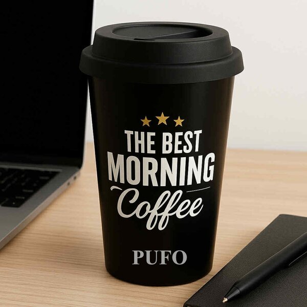 Cana de voiaj Pufo Best Coffee pentru cafea cu capac din silicon, 380 ml, negru