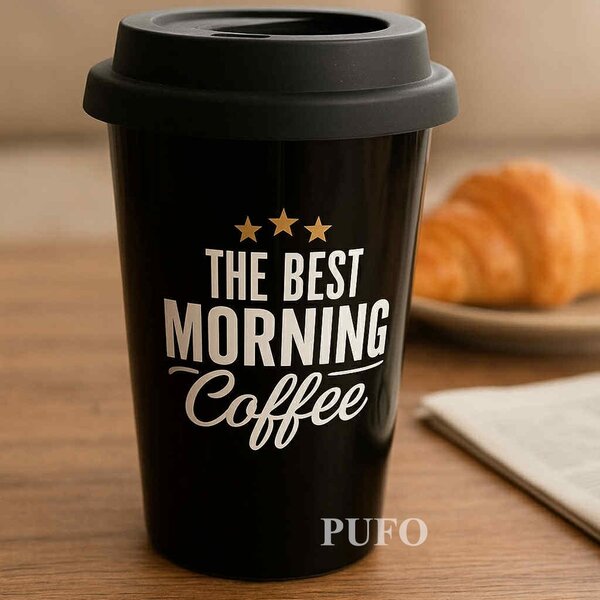 Cana de voiaj Pufo Best Coffee pentru cafea cu capac din silicon, 380 ml, negru