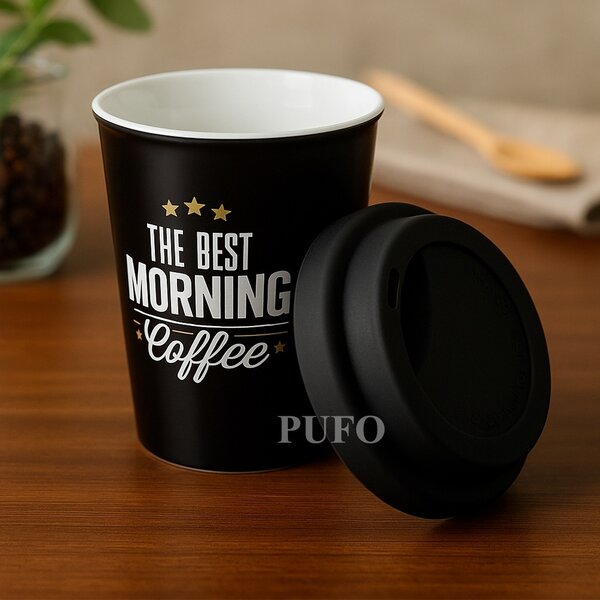 Cana de voiaj Pufo Best Coffee pentru cafea cu capac din silicon, 380 ml, negru