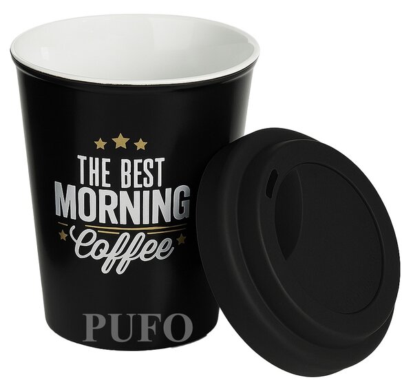 Cana de voiaj Pufo Best Coffee pentru cafea cu capac din silicon, 380 ml, negru