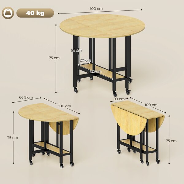 HOMCOM Masă de dining pliabilă pe roți, masă de bucătărie pentru 4 persoane cu poliță integrată, 100 x 100 x 75 cm, stejar | Aosom Romania