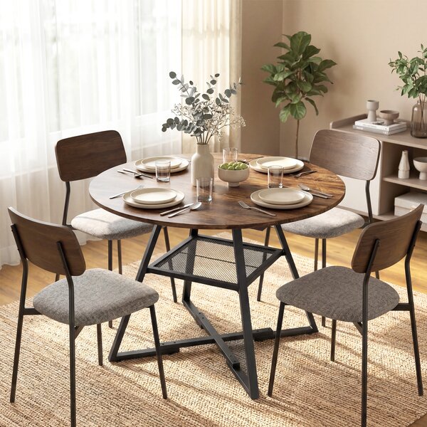 HOMCOM Masă de dining 4 locuri, 100 cm rotundă, bucătărie industrială, poliță de depozitare, maro rustic. | Aosom Romania