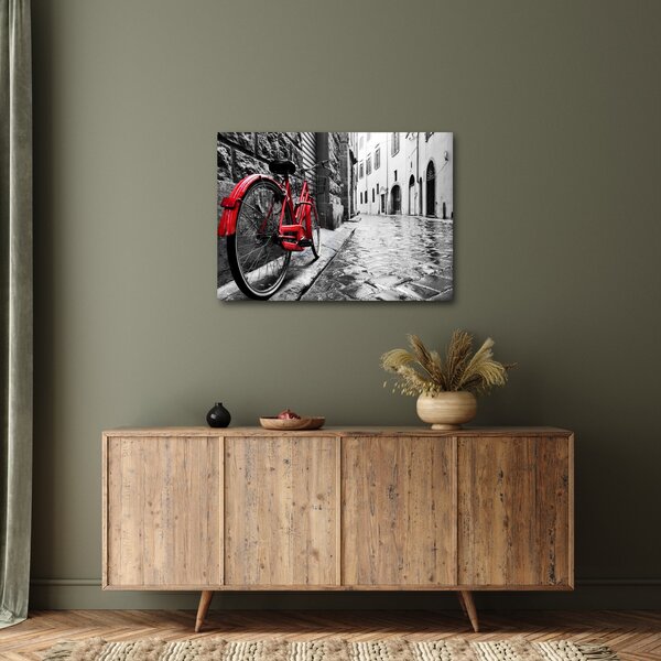 Tablou - Bicicleta roșie pe o stradă pavată (70x50 cm)