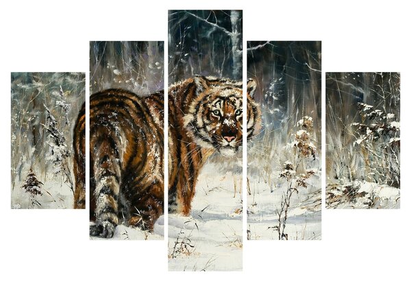 Tablou - Tigru într-o pădure înzăpezită, pictură în ulei (150x105 cm)