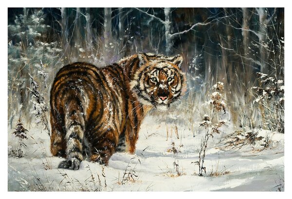 Tablou - Tigru într-o pădure înzăpezită, pictură în ulei (90x60 cm)