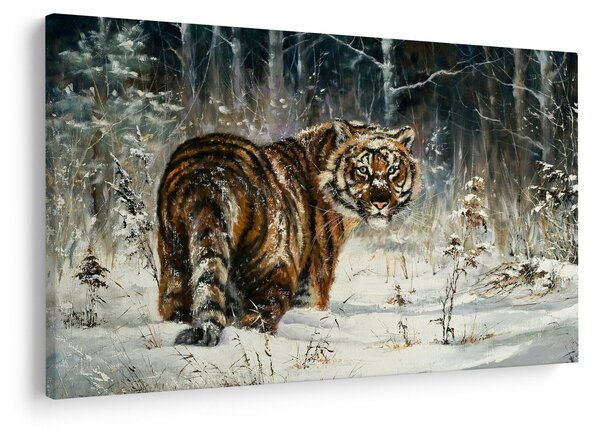 Tablou - Tigru într-o pădure înzăpezită, pictură în ulei (90x60 cm)