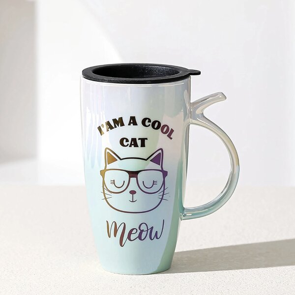 Cana inalta din ceramica cu capac Pufo Cool Cat, pentru cafea sau ceai, 450 ml