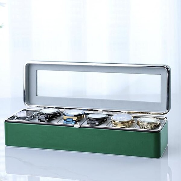 Cutie eleganta Pufo Gentleman pentru depozitare si organizare cu compartimente pentru 6 ceasuri, verde