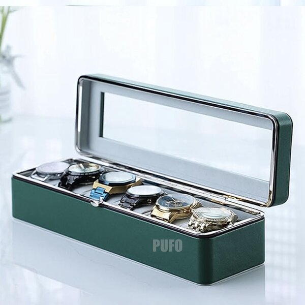 Cutie eleganta Pufo Gentleman pentru depozitare si organizare cu compartimente pentru 6 ceasuri, verde