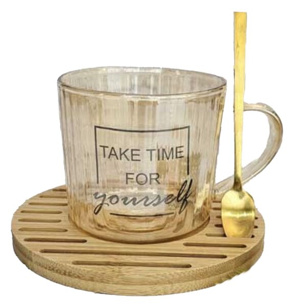 Cana din sticla cu suport din lemn de bambus si lingurita Pufo Take Time pentru cafea sau ceai, 200 ml