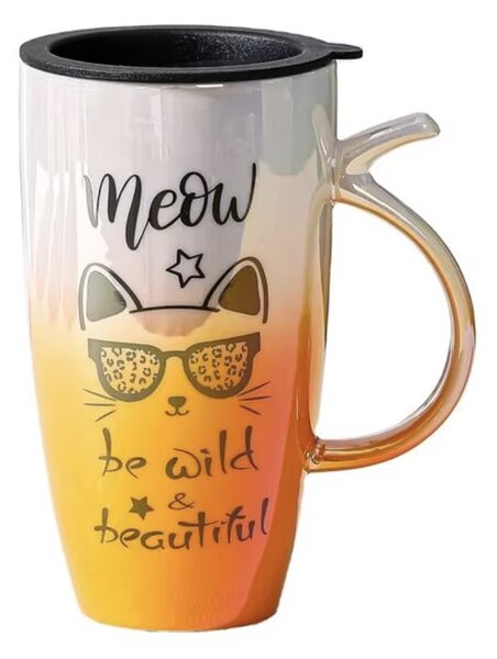 Cana inalta din ceramica cu capac Pufo Wild & Beautiful, pentru cafea sau ceai, 450 ml