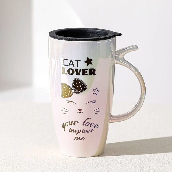 Cana inalta din ceramica cu capac Pufo Love Inspire, pentru cafea sau ceai, 450 ml