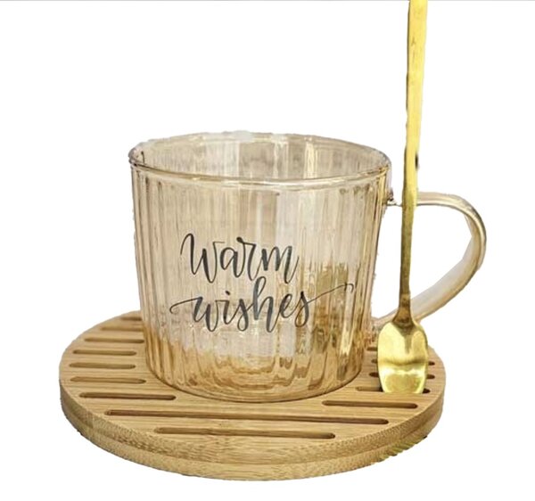 Cana din sticla cu suport din lemn de bambus si lingurita Pufo Warm Wishes pentru cafea sau ceai, 200 ml