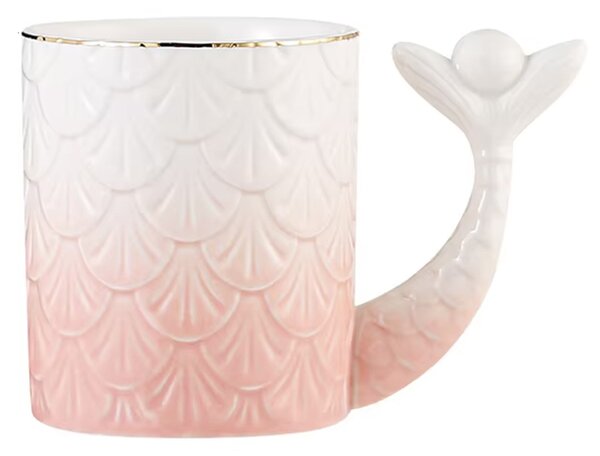 Cana cu capac din ceramica si lingurita Pufo Princess pentru cafea sau ceai, 300 ml, roz