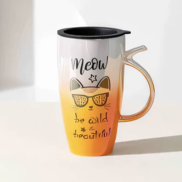 Cana inalta din ceramica cu capac Pufo Wild & Beautiful, pentru cafea sau ceai, 450 ml
