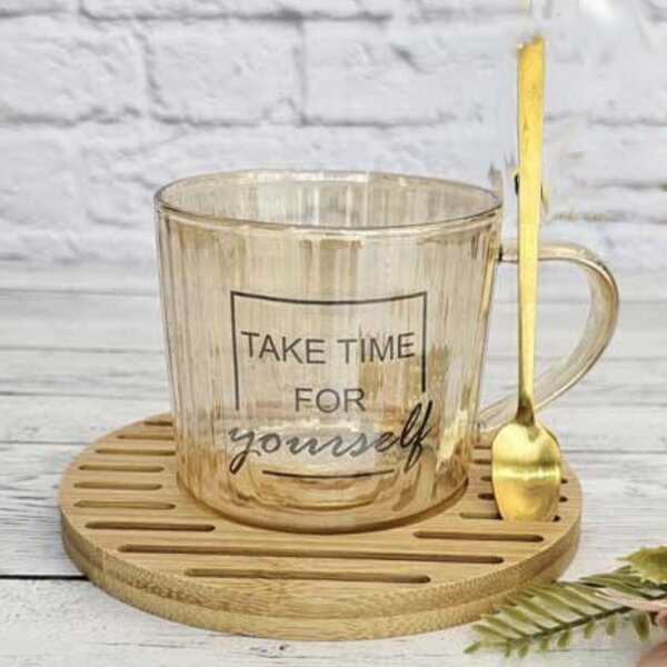 Cana din sticla cu suport din lemn de bambus si lingurita Pufo Take Time pentru cafea sau ceai, 200 ml