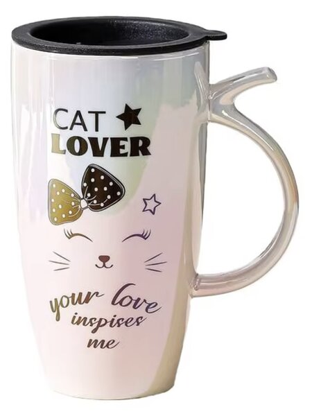 Cana inalta din ceramica cu capac Pufo Love Inspire, pentru cafea sau ceai, 450 ml